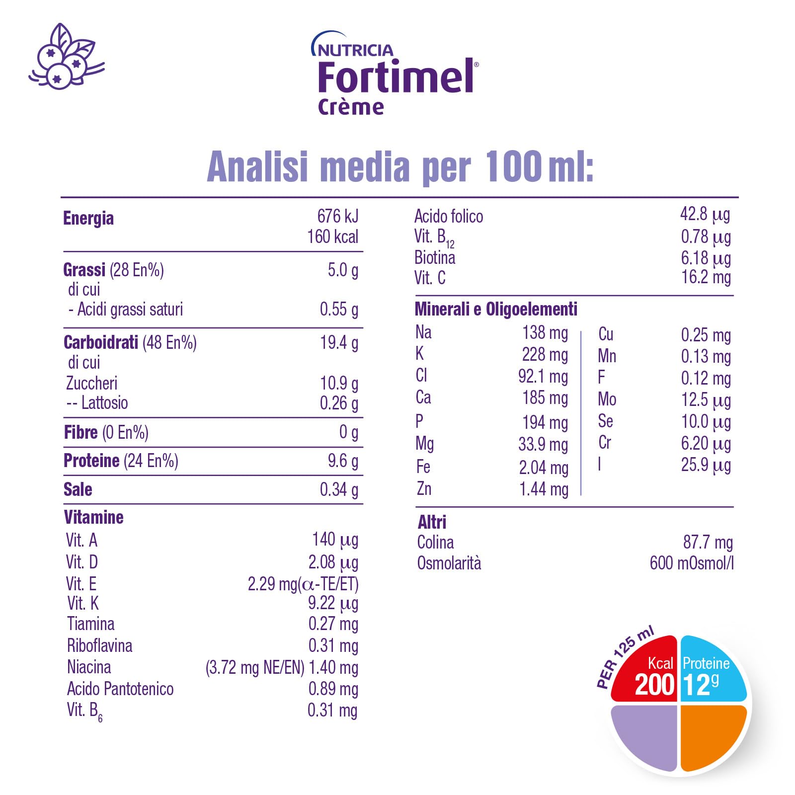 NUTRICIA FORTIMEL CREME - Supplemento Nutrizionale per la Gestione Dietetica della Malnutrizione, Cremoso, adatto per problemi di Deglutizione, Alimento a Fini Medici Speciali, Frutti di Bosco-4x125ml