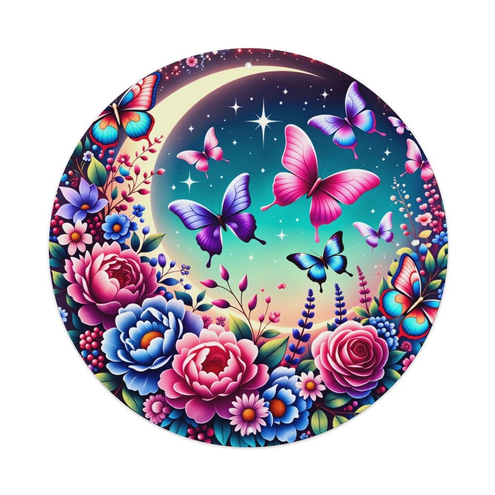 Butterfly Moon Floral Night Sky Round Tin Sign Vintage Metal Poster Retro Bar, Home, Man Cave, Kitchen, Laundry Room Wall Art Decor Gift 8x8Inch