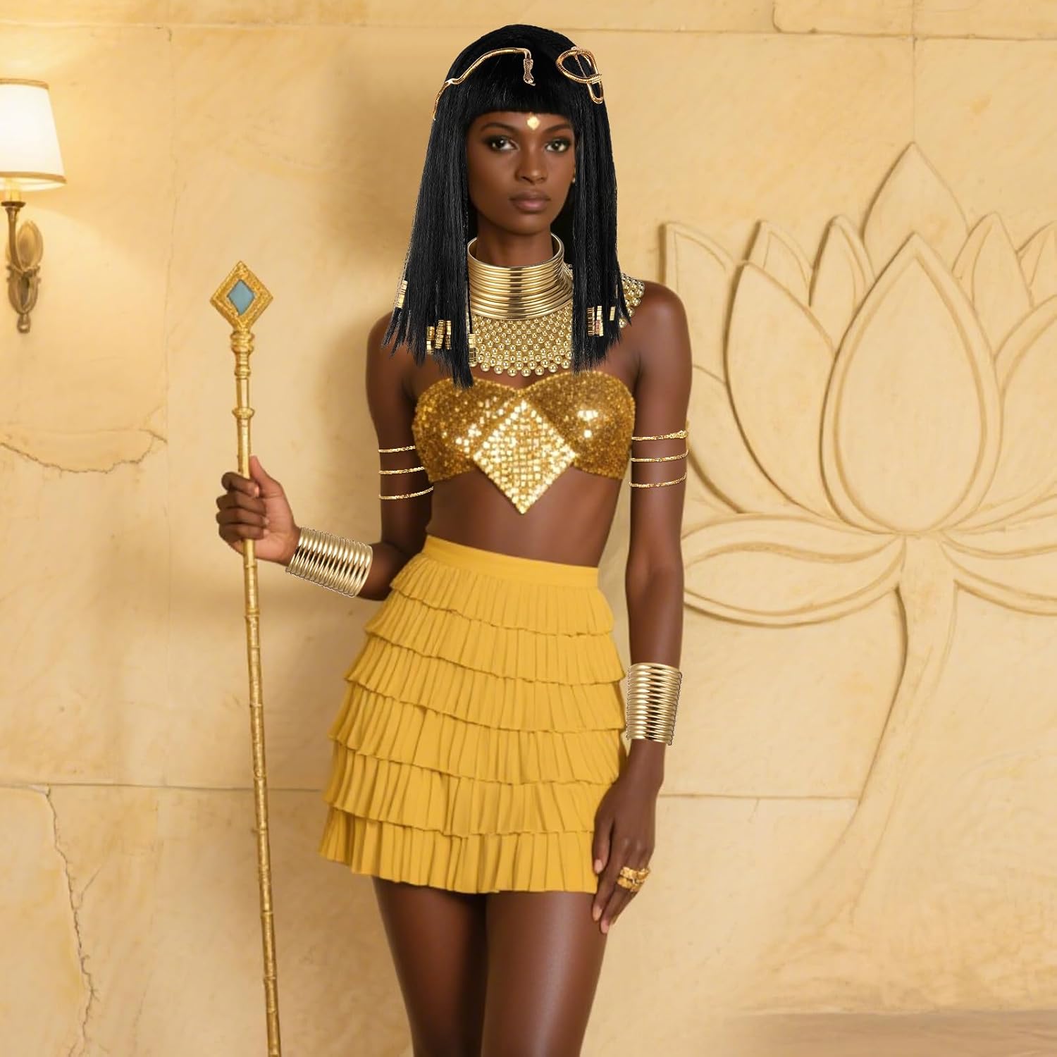 Yunlly 6 Pcs Egyptian Queen Costume Set for Women Black Braided Wig Gold Snake Headpiece Bib Necklace Choker Set Face Veil Arm Cuffs for Halloween - Image 4