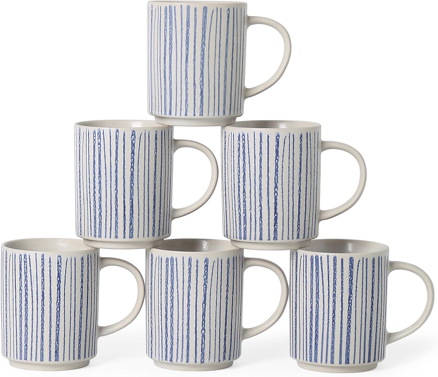 Ceramic Mugs Set of 6, Modern 17oz Coffee Mugs, Stackable Coffee Cups with Handpainted Blue Stripe Pattern, Dishwasher and Microwave Safe Mugs for Home & Office