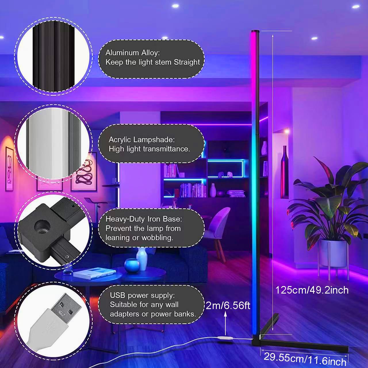 ThreeH Lampada d'angolo a LED con APP e telecomando Luce d'ambiente con impostazione del timer di sincronizzazione musicale Lampada da terra RGB alta 85 cm