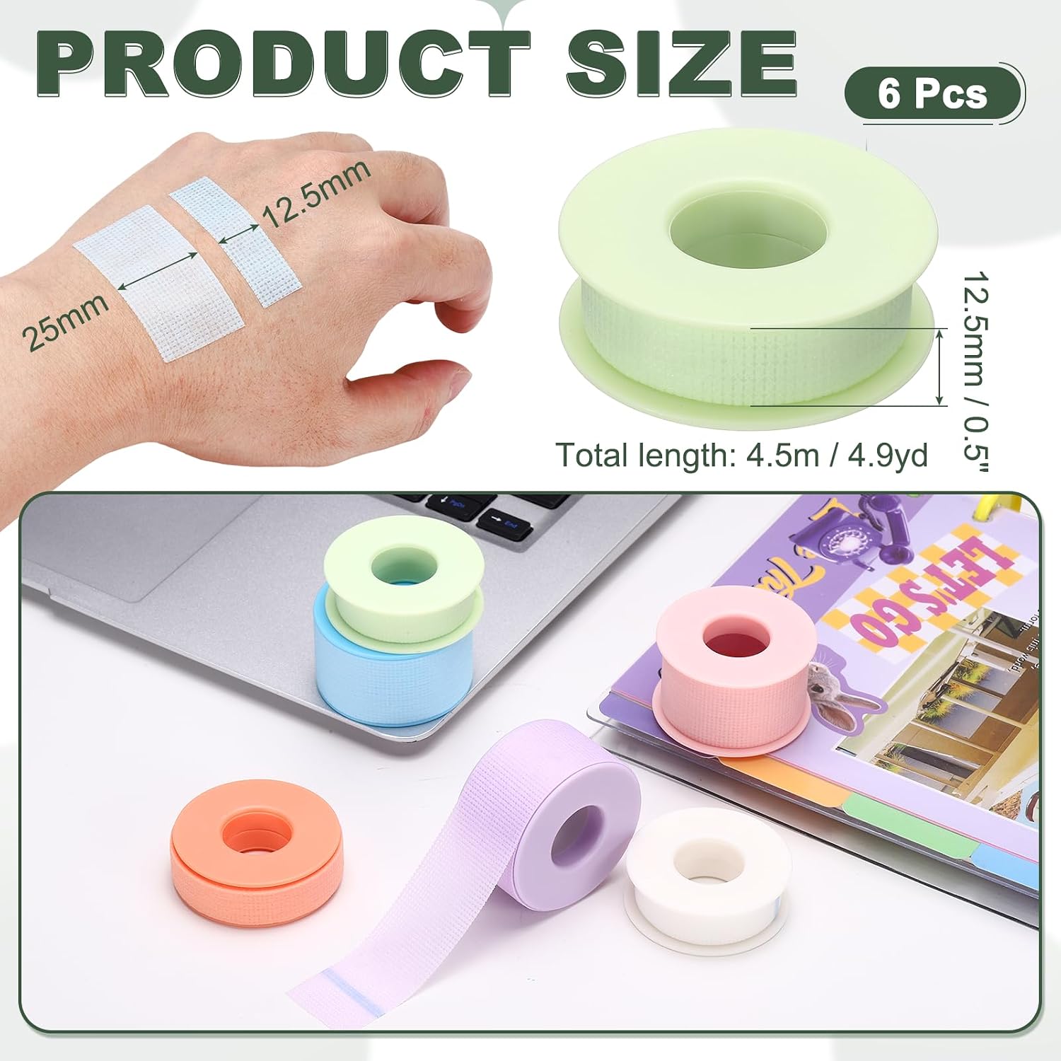 PATIKIL 0.5" x 4.9yd Eyelash Tape, 6 Rolls Eye Lash Tape Silicone Removal Breathable Easy Tear Adhesive for Eyelash Extensions Clusters Makeup Eye Shadow Eyeliner Lift, Green image 2