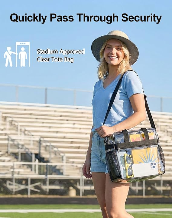 Lyingflat Clear Bag for Stadium Events, 12x6x12 Stadium Approved Clear Tote Bag with Adjustable and Detachable Strap, Black