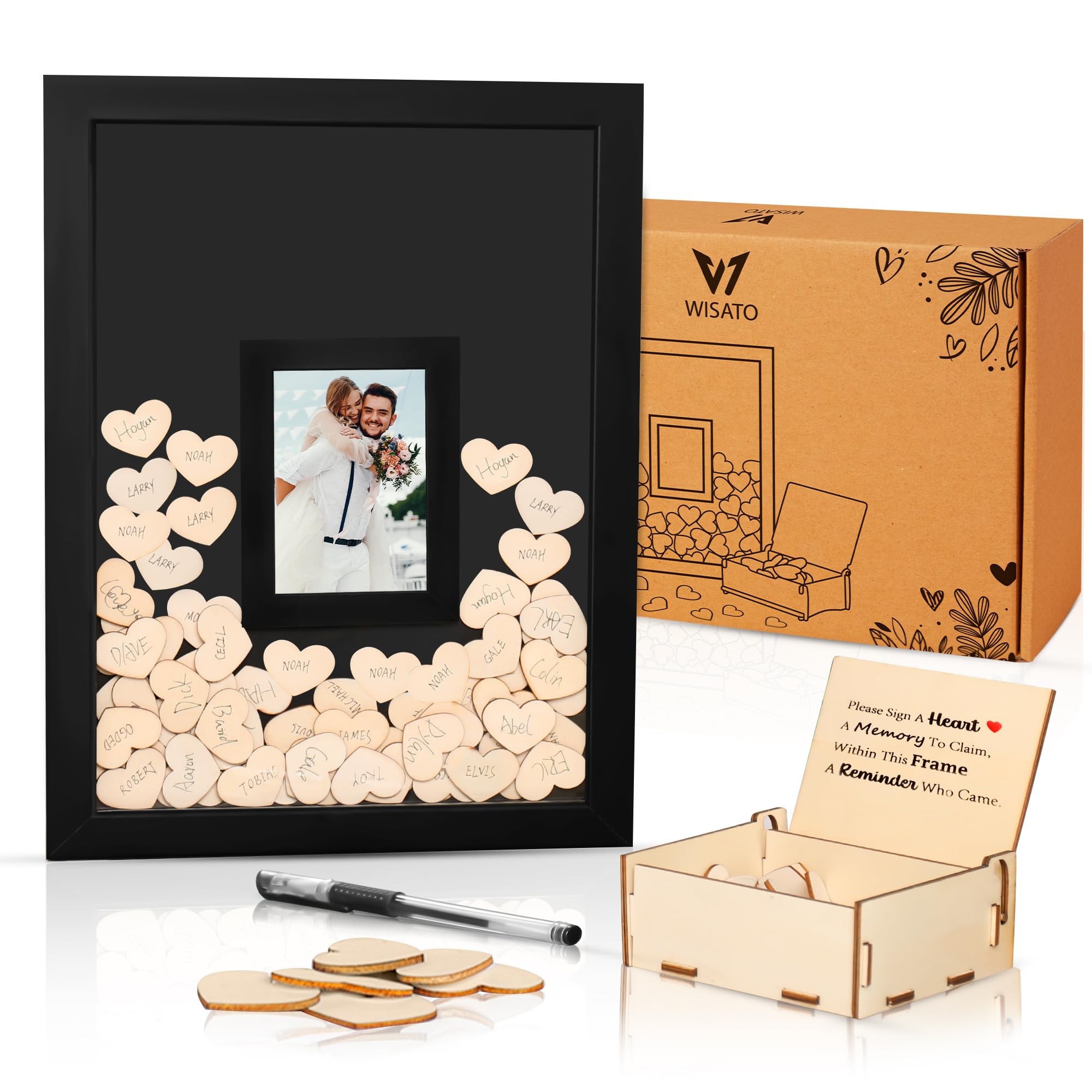 Wedding Guest Book Picture Frame - Unique Wedding Heart Guest Book Drop Box - Guest Book Alternatives for Reception, Bridal Showers, Anniversary - 15.5x12x0.75 Black Frame, 120 Wooden Hearts