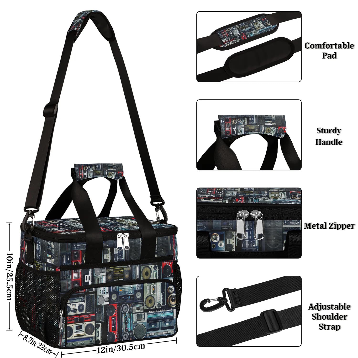 Vintage of Radio Boombox Große Lunchtasche für Erwachsene, Männer, Frauen, Kinder, Mädchen, Jungen, Radio-Druck, isolierte Lunchbox, Kühltasche, Kühltasche, Kühltasche, Kühltasche, Kühltasche, für