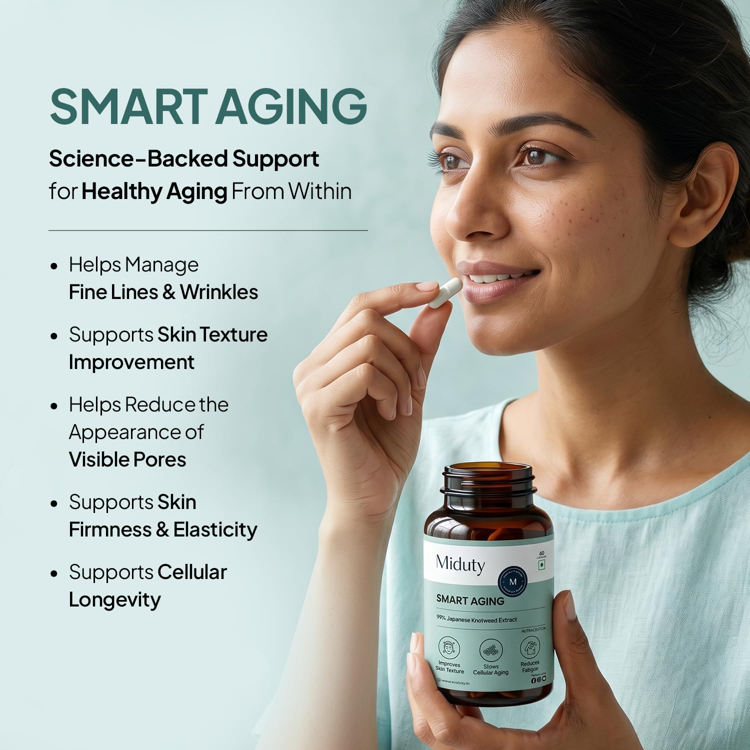 Miduty Smart Aging Trans-Resveratrol 99% | Anti-Aging Formula with Japanese Knotweed, Pomegranate & Green Tea Extract | Supports Fine Lines, Wrinkles, Skin Texture & Healthy Aging | 60 Veg Capsules 3