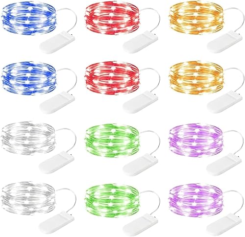 Brightown Paquete de 12 luces LED multicolor que funcionan con pilas, impermeables, alambre plateado, 7 pies, 20 luces LED de luna estrellada de