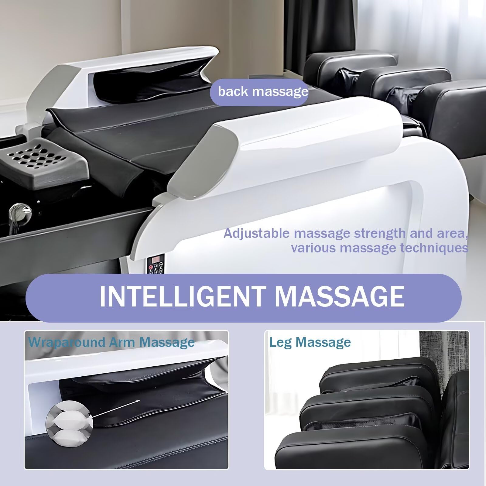 Professionelle Salon-Waschliege – Massageliege im modernen Streifendesign, Kopf-Spa-Ausstattung mit multifunktionaler Massage und integriertem Wasserkreislauf