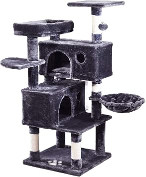 MQ Cat Tree Cat Tower Indoor, 49 Inch Multi Level Cat Scratching Post with Condos, Hammock & Plush Perches for Kittens, Large Cats, Smoky Gray