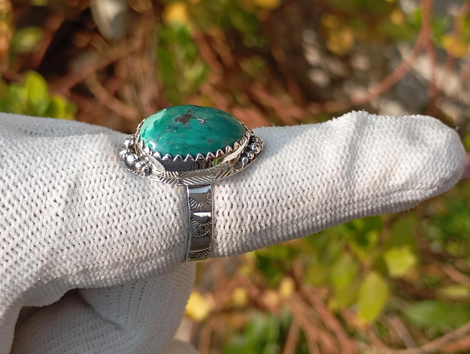 925 Sterling Silver Natural Green Turquoise Oval Ring – Decorative Border Design for Women | Boho Statement Jewelry