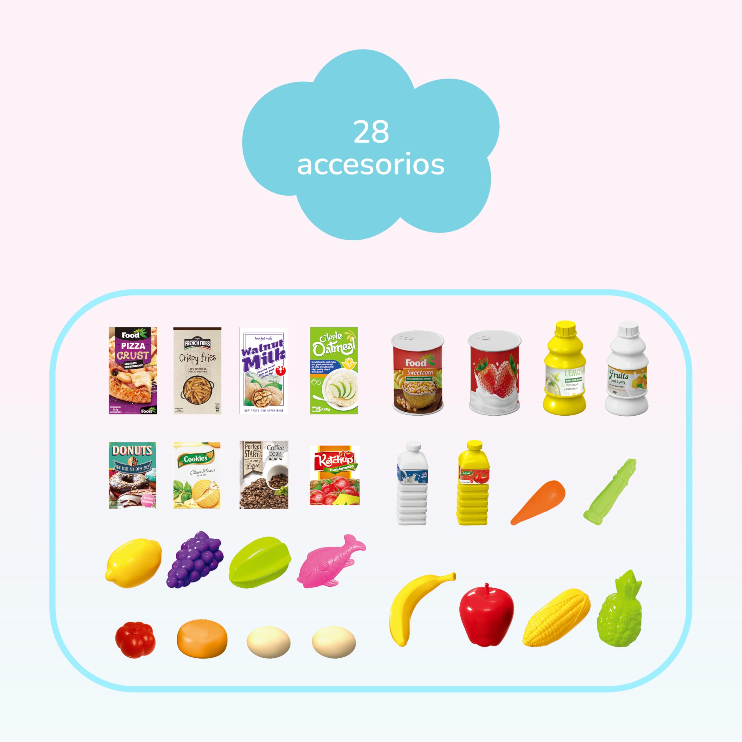 Carro de Compras de Juguete con Música - 28 Accesorios – Incluye Comida – Juguete Educativo para Niños y Niñas +3 Azul