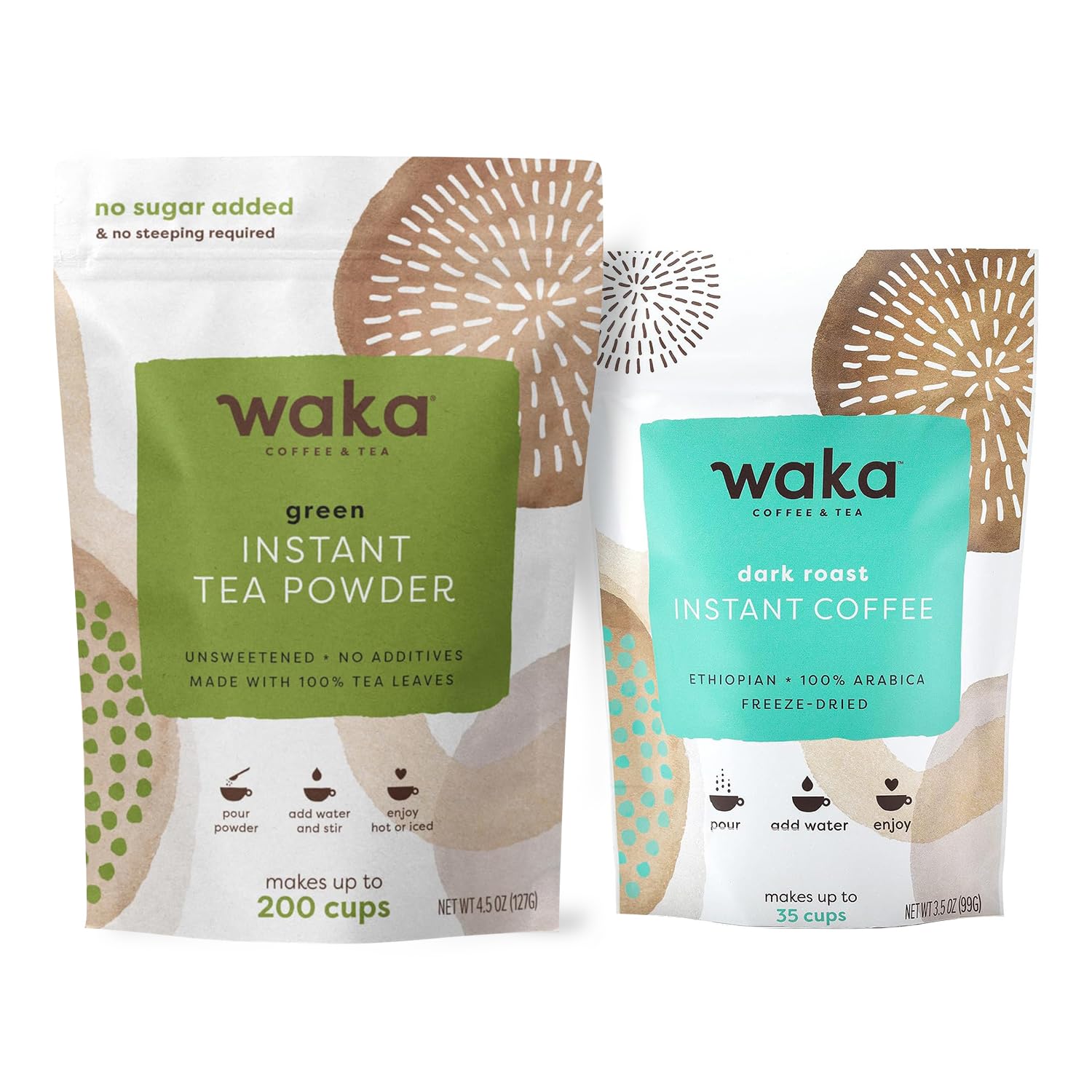 Waka Premium Instant Dark Roast Coffee (35 Cups) & No Sugar Added Green Tea Powder (200 Cups)