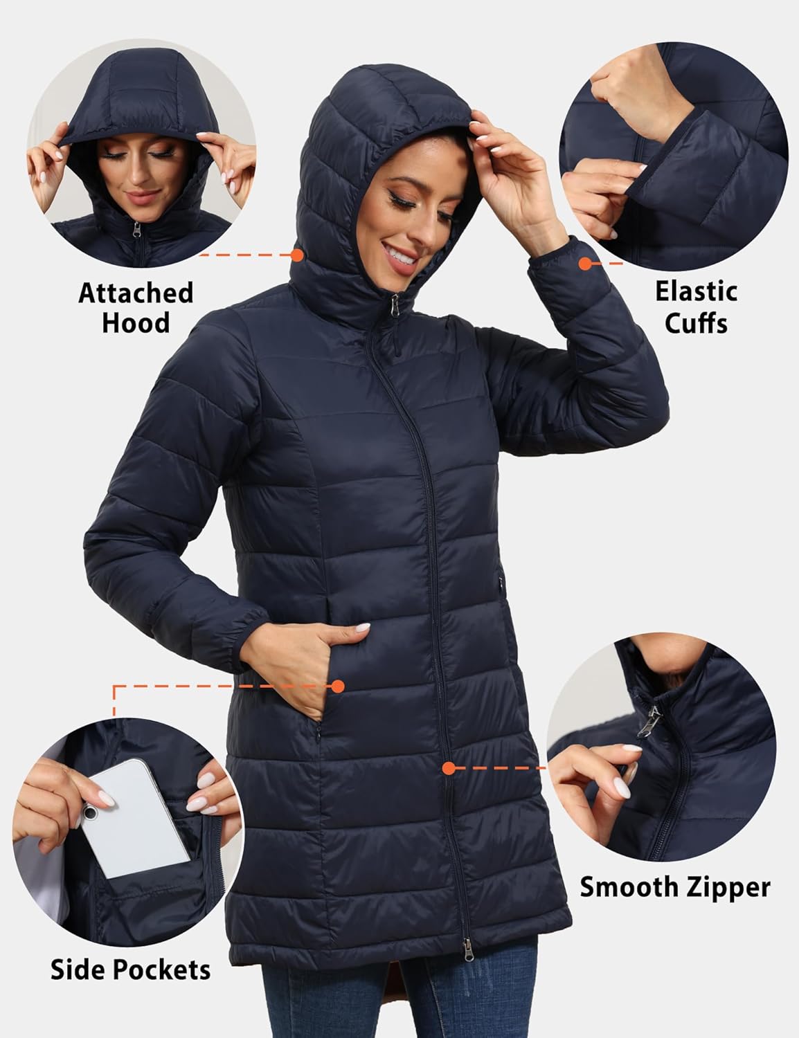 ROYAL MATRIX Women's Plus Size Puffer Jacket Packable Lightweight Hooded Quilted Spring Fall Long Puffer Coat - Image 5