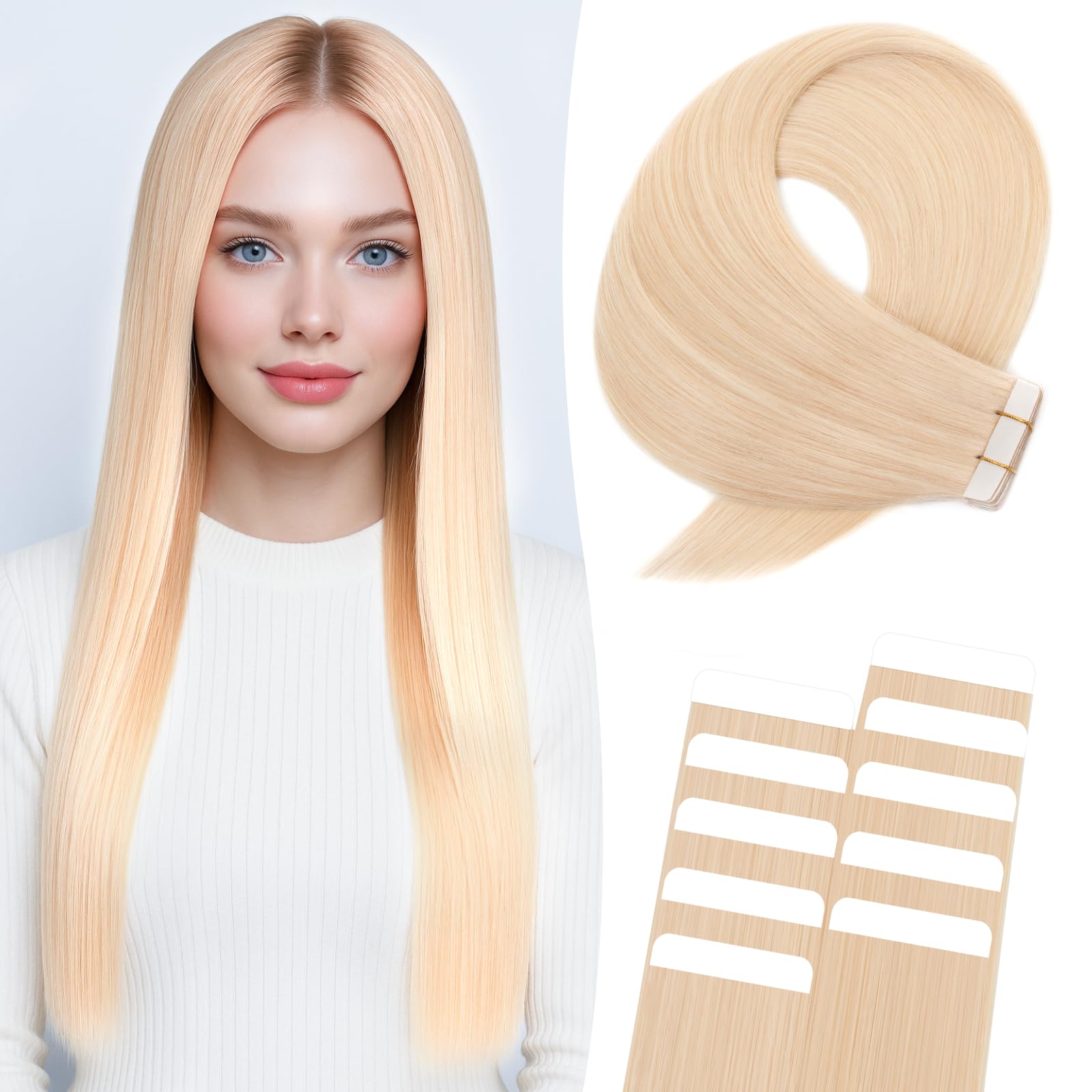 MY-LADY Tape in Hair Extensions 10 Pcs Invisible Thin Type 12 Inch Real Human Hair Tape in Extensions Straight Seamless #60 Platinum Blonde 10g