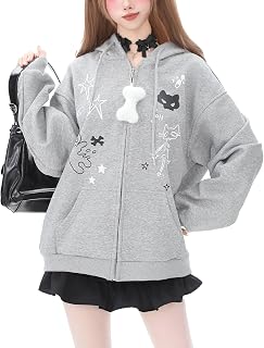 Dynict Womens Y2K Zip Up Cute Graphic Hoodies Cat Ears Casual Cartoon Harajuku Kawaii Clothes Oversize Streetwear Jacket