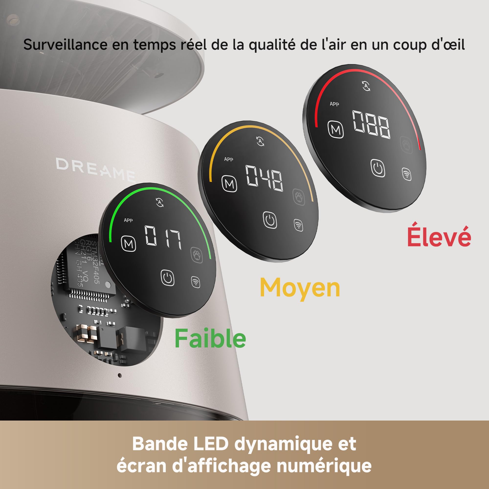DREAME AP10 Purificateur d'Air pour Animaux, Retour d'Air Haute Pression Nég. 360°, Purification 5 Niveaux Capturant Poils/Odeurs, Compartiment Transp., Dessus Incurvé, Écl. Éco-Ambient, Contrôle App