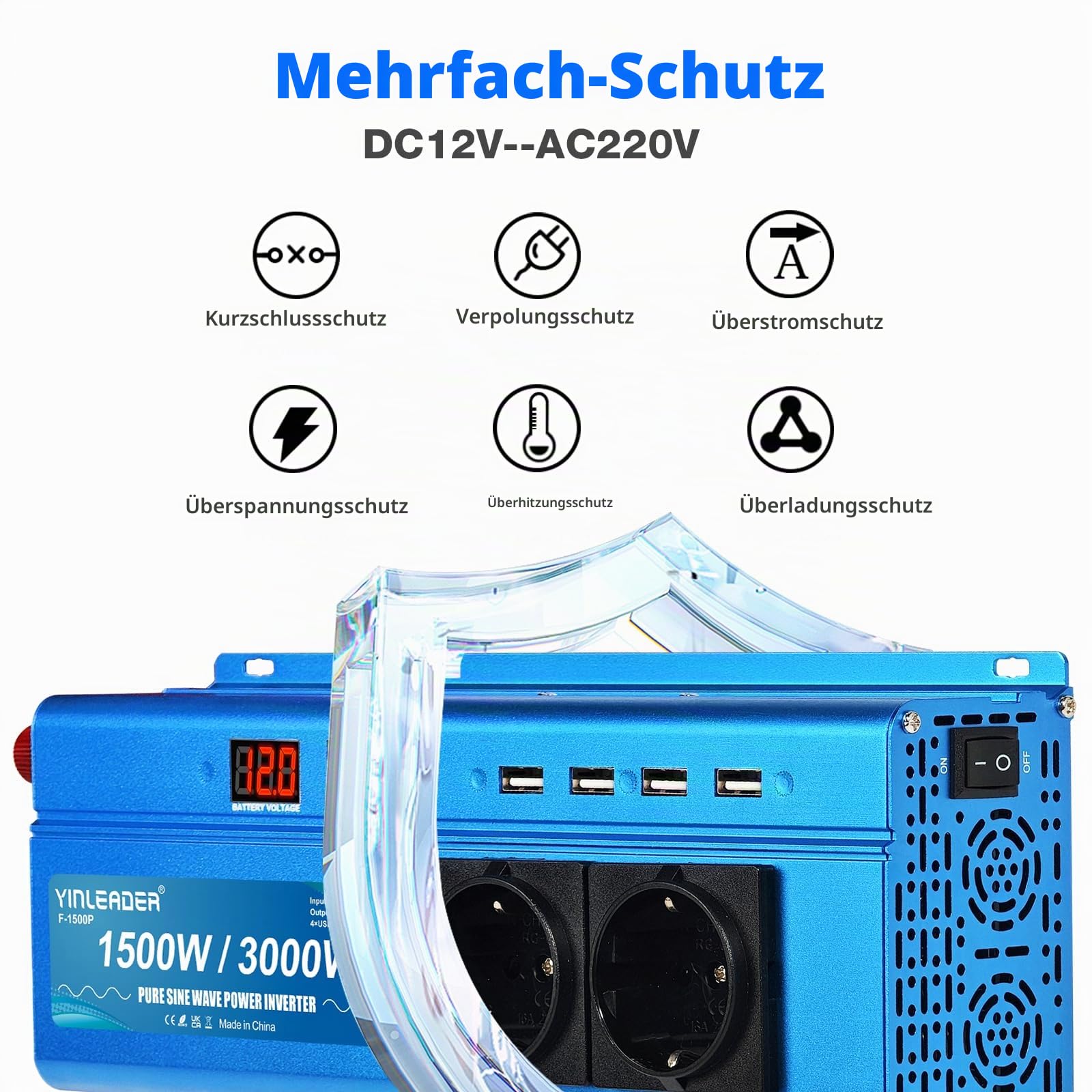 Wechselrichter 12V 230V Reiner Sinus 1500W /3000W Spannungswandler mit 2 AC-Steckdose 4 USB 2 LED