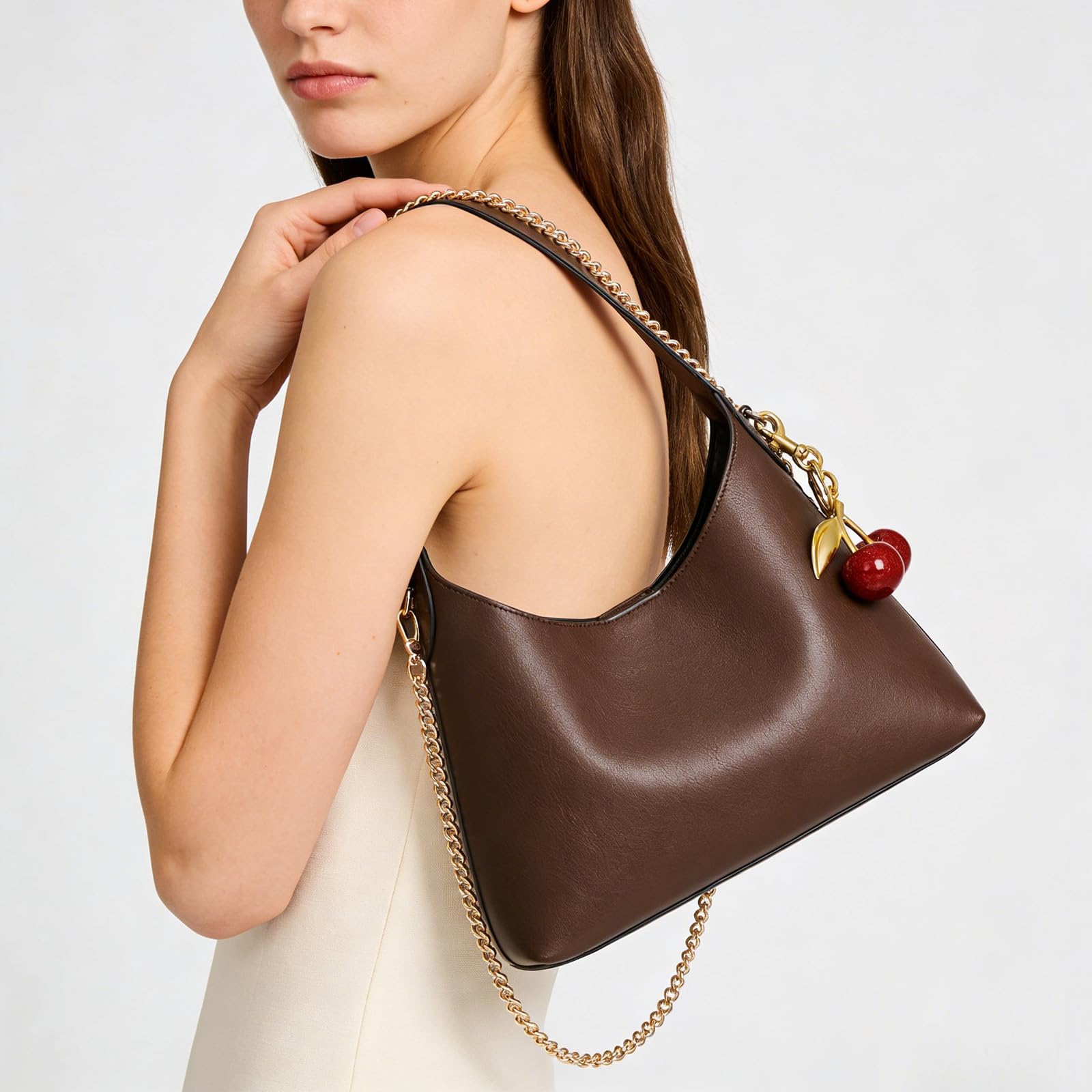 Hobo-Tasche für Damen, klein, Kirschendesign, Schultertasche, Tragetasche aus Kunstleder, modische Handtasche, Umhängetasche mit Kettenriemen
