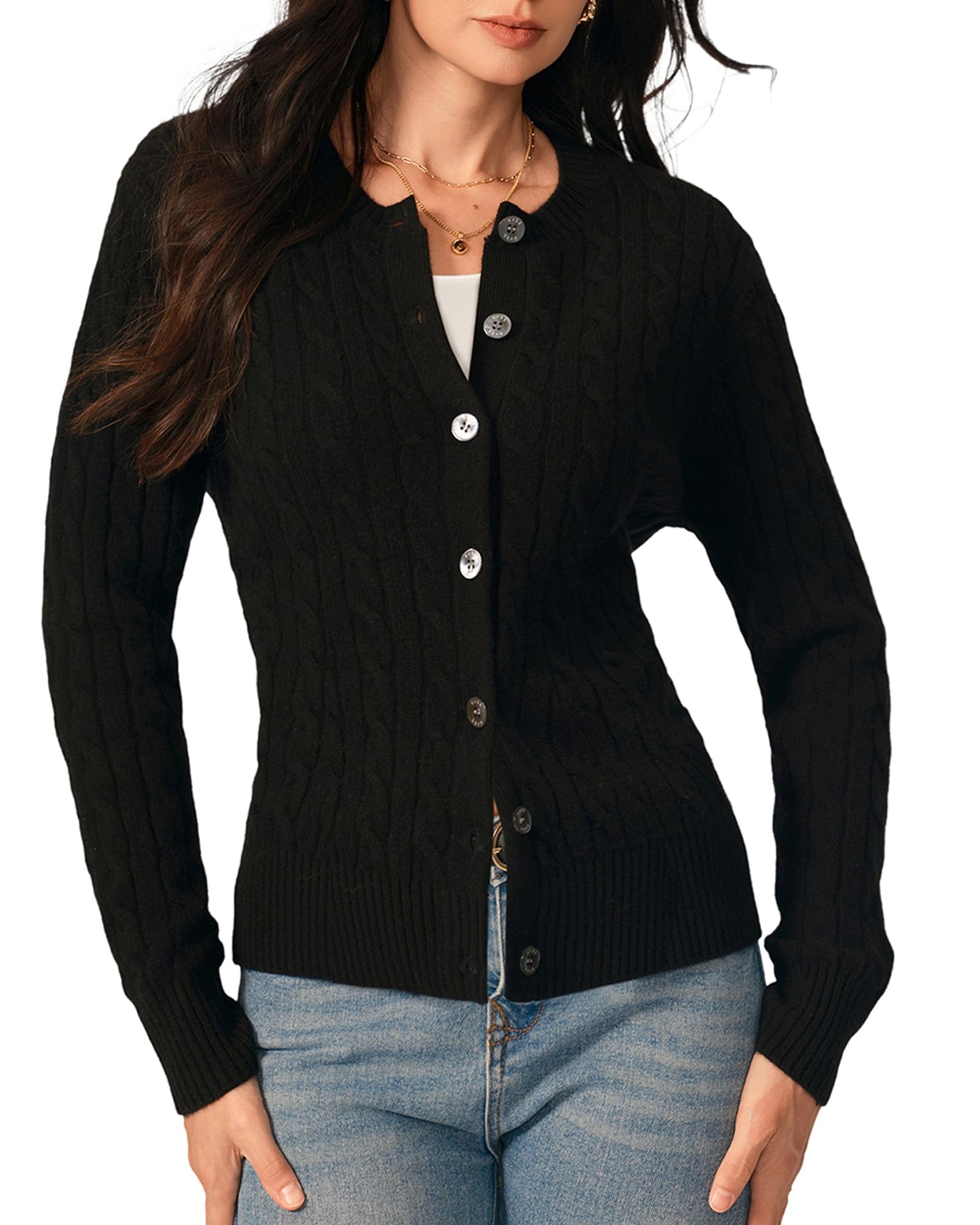 KVSS 100 Pure Cashmere Cardigan for Women Cable-Knit Crewneck Button Up Cardigan Sweaters Luxury from Inner Mongolia