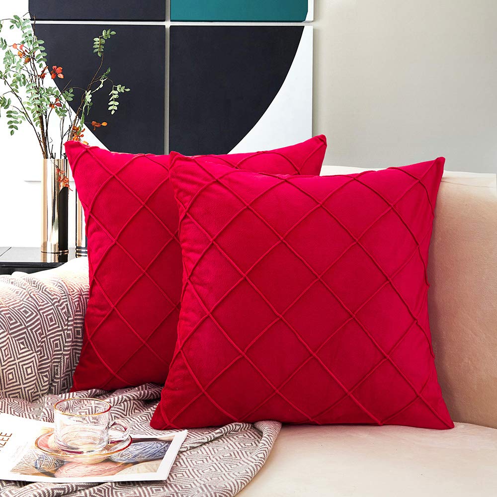 MERNETTE Pack of 2, Velvet Soft Decorative Square Plaid Throw Pillow Cover Cushion Covers Pillow case, Home Decor Decorations For Sofa Couch Bed Chair 16x16 Inch/40x40 cm (Red)