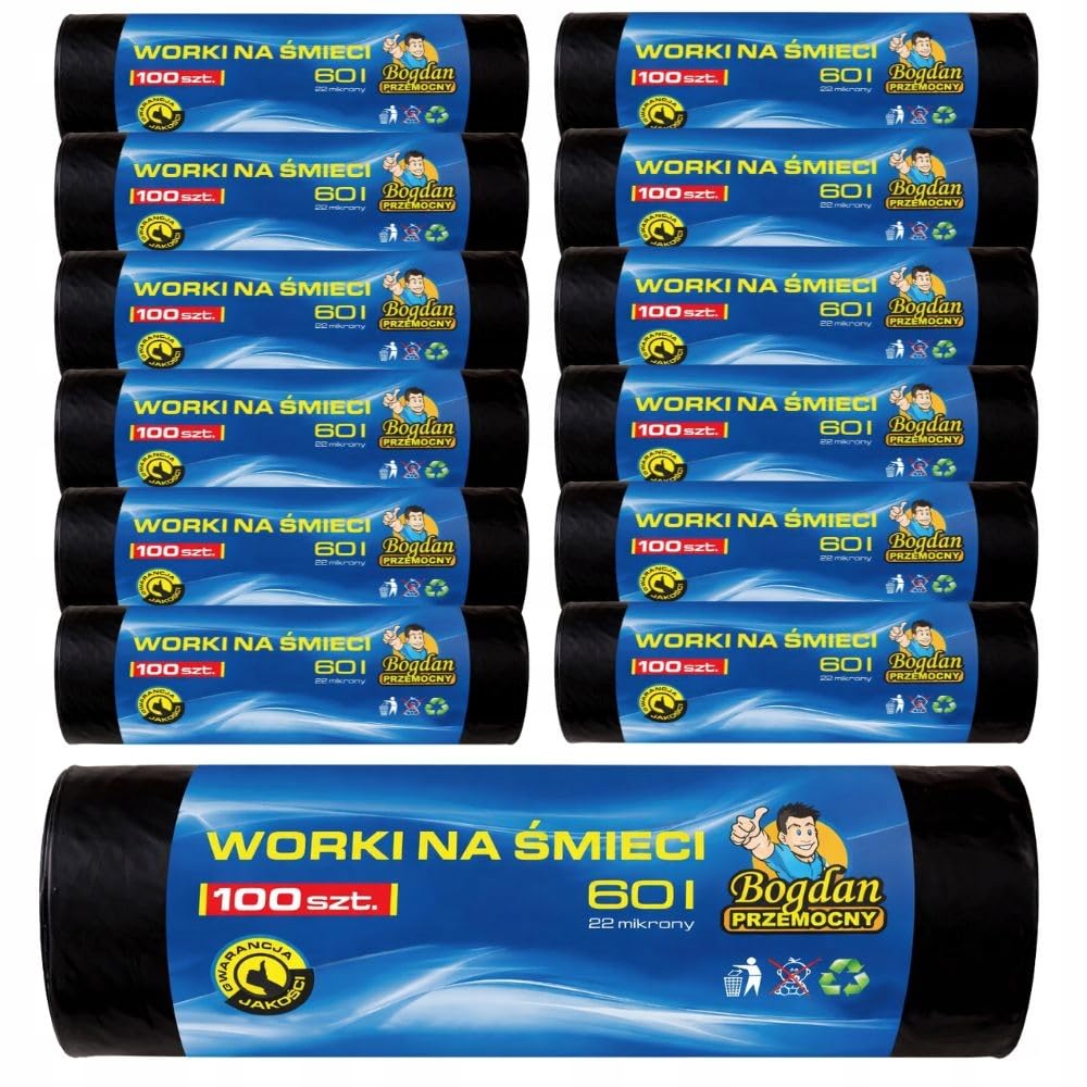 Bogdan Przemocny - Müllsäcke 60L LDPE - Schwarze starke Müllbeutel universal - 1200 Stück - 22 Mikron