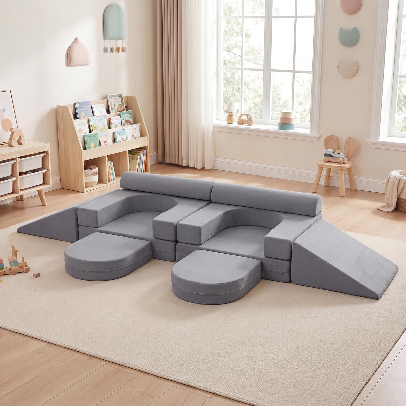 COSTWAY 10-częściowa modułowa sofa do zabawy, rozkładana sofa dziecięca ze zdejmowaną i nadającą się do prania poszewką z zamszu, piankowe klocki do pokoju dziecięcego, kanapa dla dzieci od 3 lat