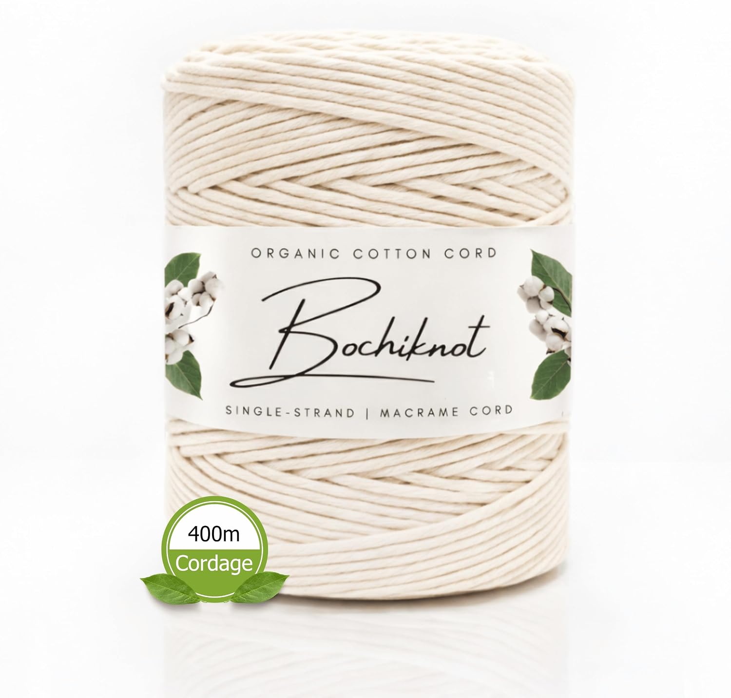 BOCHIKNOT Macrame Cord 4mm x 440yds Bulk Roll - Natural Single Strand Cotton Cord - Macrame Supply - Large Roll of Cotton Rope for Knotting, Wall Hangings, Plant Hangers