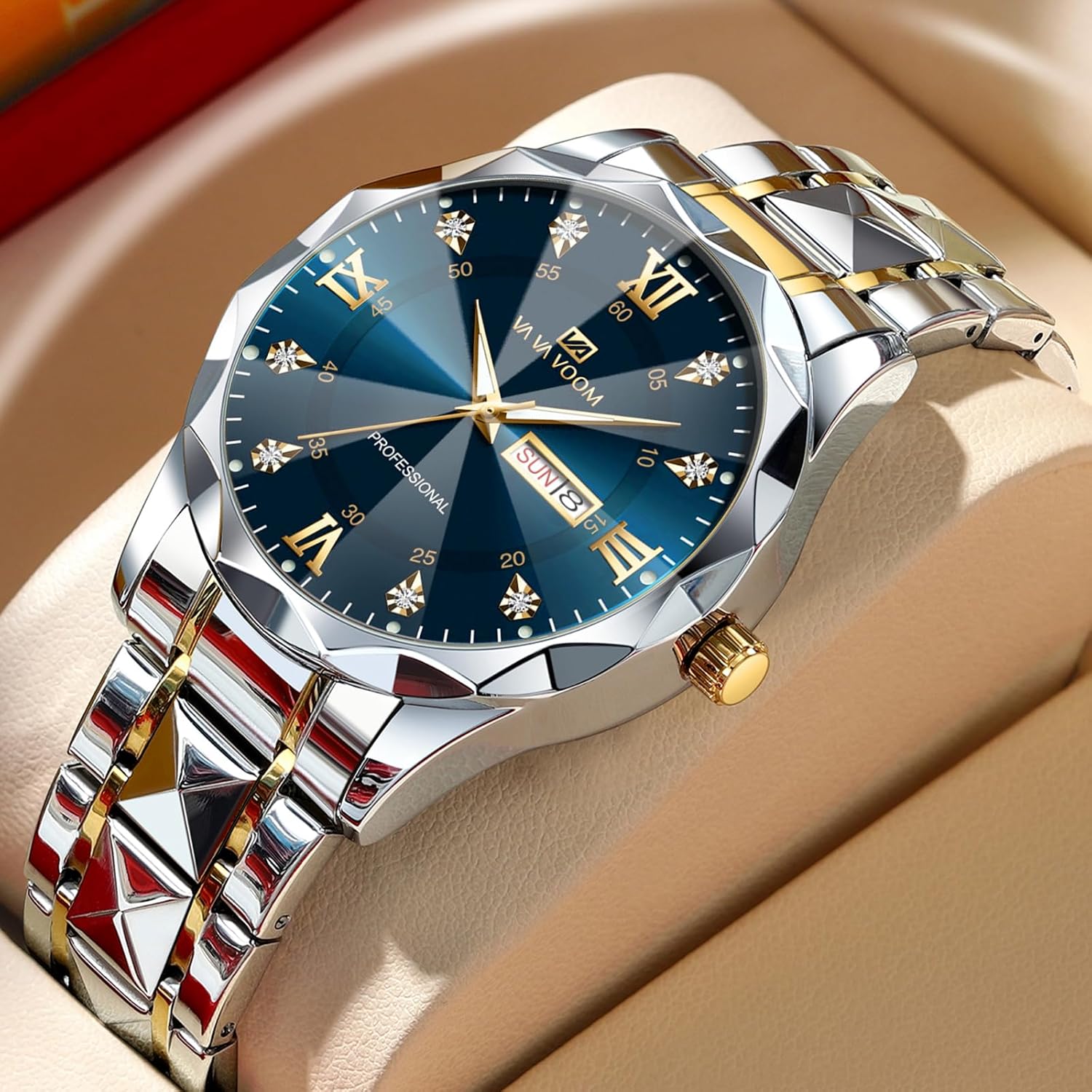 CARLIEN Mens Luxury Big Face Business Formal Quartz Watch Stainless Steel Strap Diamond Markers Luminous Calendar Waterproof Analog Wristwatch