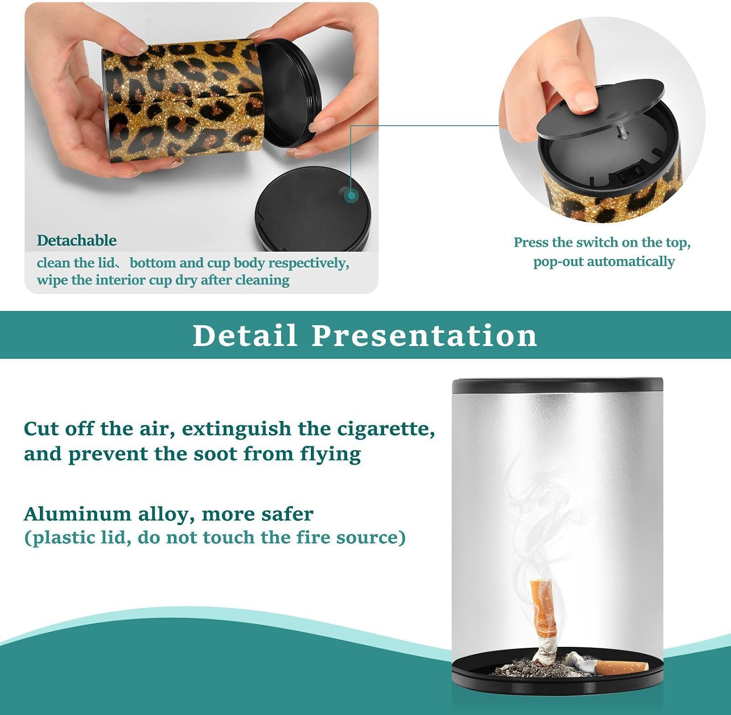 Brown Leopard Print Car Ashtray with Lid Golden Glitter Animal Skin Portable Smokeless Ashtray Mini Car Trash Can Detachable Cigarette Ash Tray for Cup Holder
