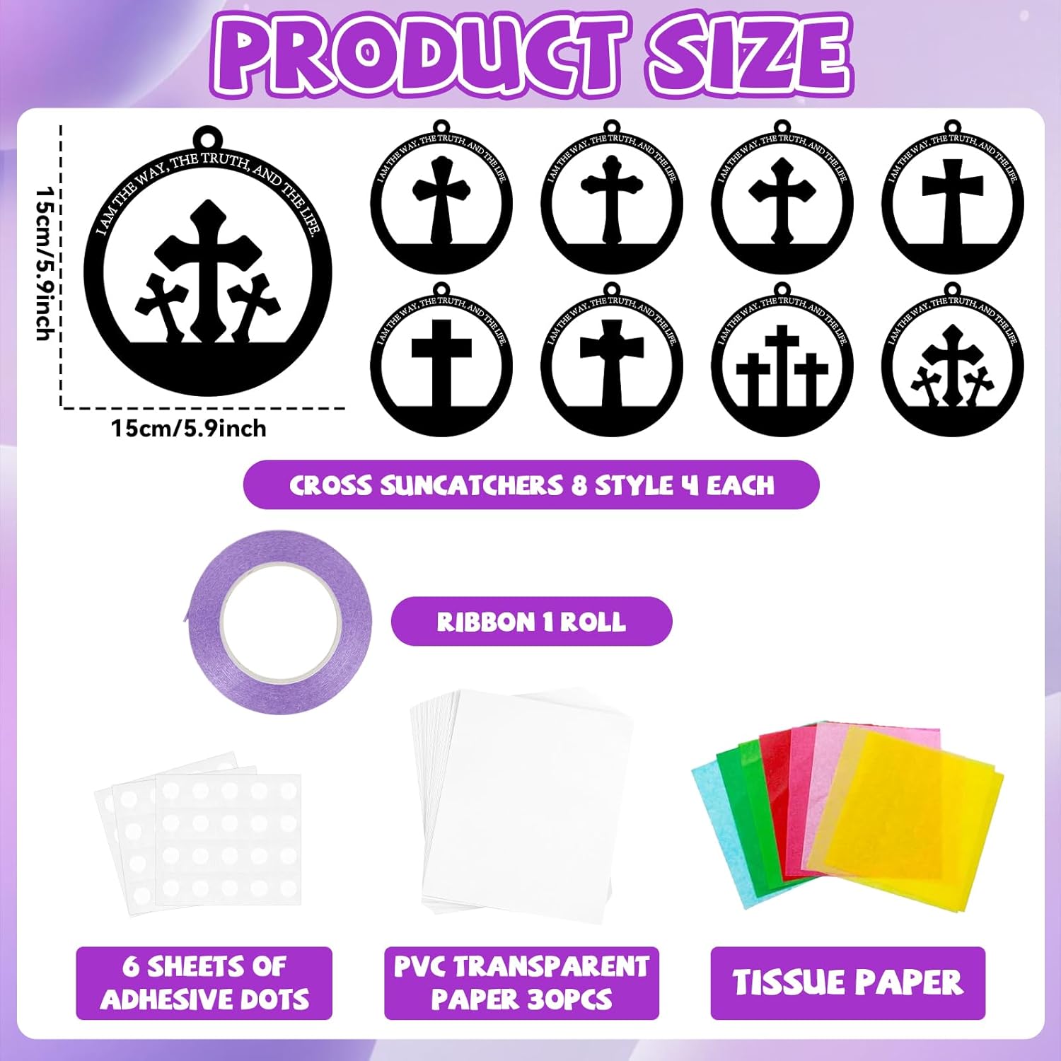 QOUBAI 32 Sets Easter Cross Suncatchers Craft Kit DIY Religious Window Stained Glass Effect Christian VBS Paper Hanging Ornament Kid Sunday School Birthday Gift Creative Art Project Activity Game