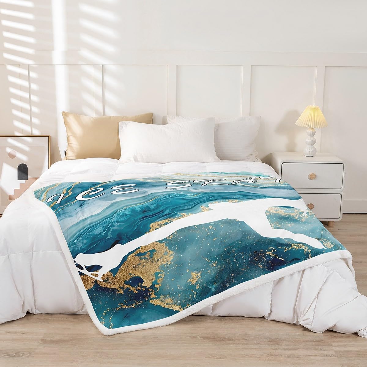 Ice Skating Girl Flannel Fleece Blanket,Figure Skate Sports Silhouette Teal Super Soft Blanket for Bed Sofa Couch,Watercolor Marbling Abstract Marble Texture Bed Blanket,Twin 60"x80"