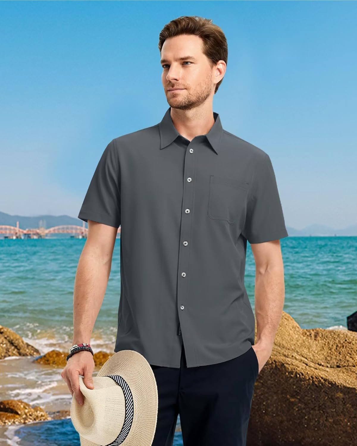 Men's Short Sleeve Button Down Shirts Classic Regular Fit Summer Beach Shirt with Pocket