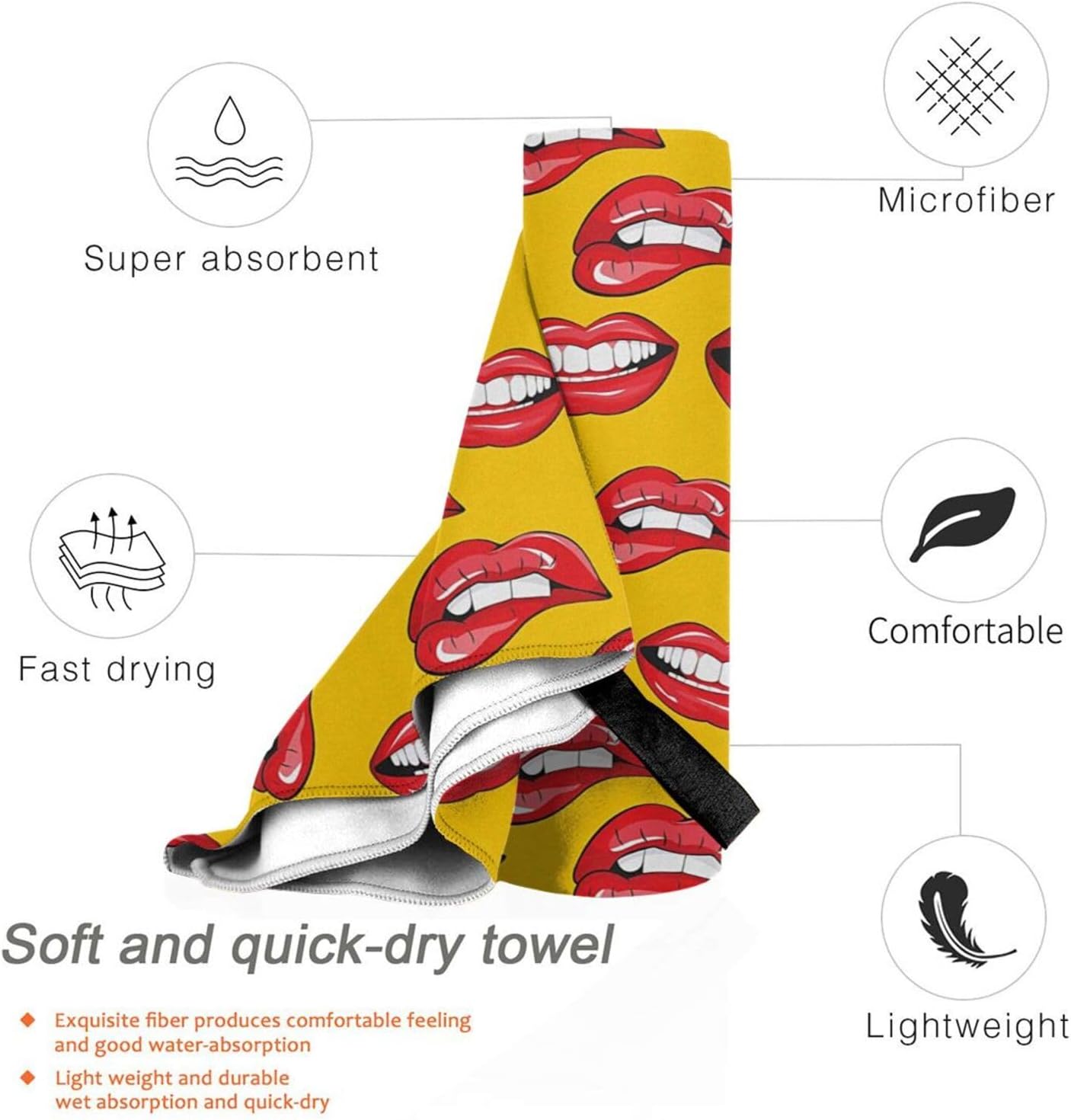 KHiry Microfiber Towel Beach Towels Women Smiling and Biting Her Red Lips Quick Dry Towel Soft Lightweight Travel Towels Absorbent Large Easy Pack Travel Things Beach Blanket for Gym Sports Swimming