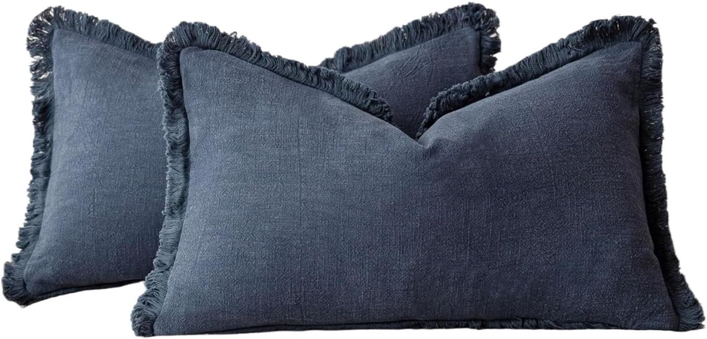Set of 2 Decorative Linen Fringe Lumbar Throw Pillow Covers Farmhouse Cushion Cover with Tassels Soft Pillowcase for Couch(Blue,450x450mm)