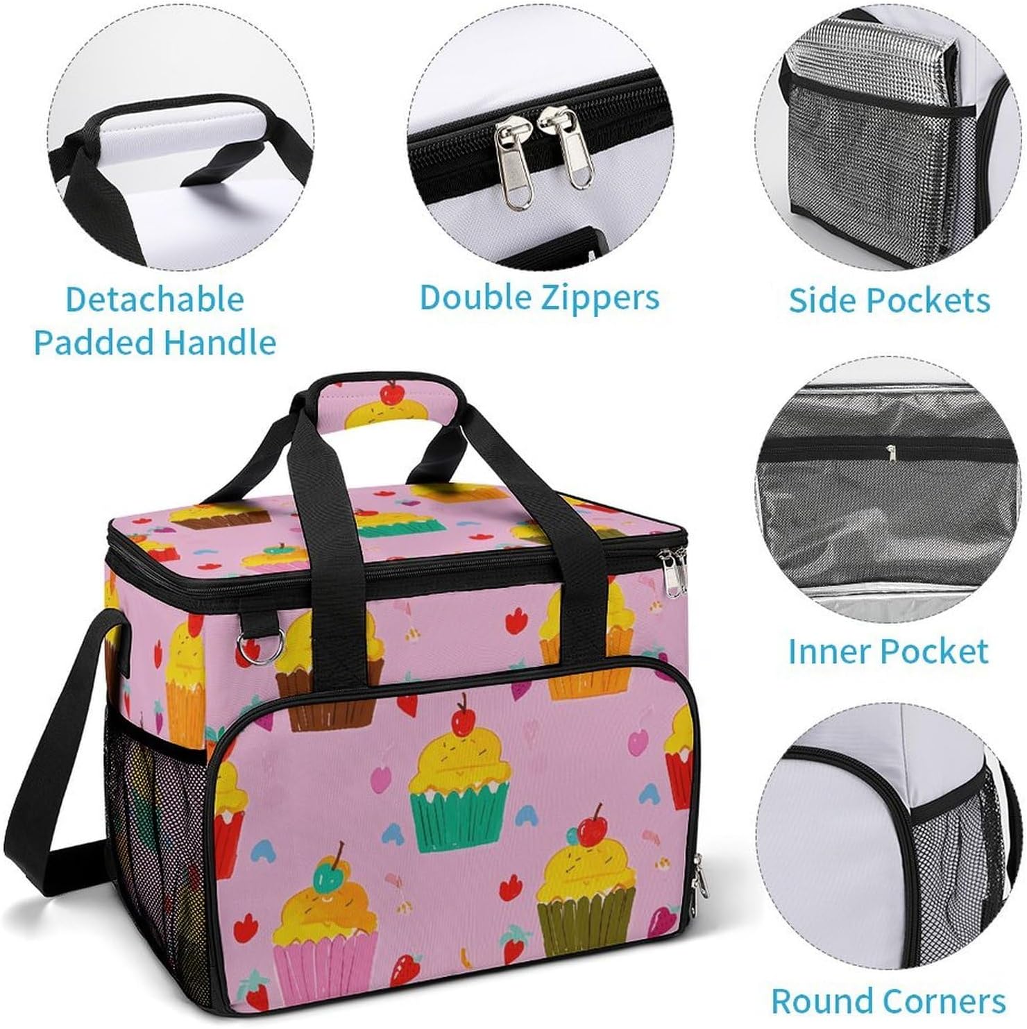 Insulated Picnic Backpack Tote Bag, Large Capacity 30L Cupcake Patterns Cooler Bag Leakproof Beach Bags Portable Lunch Box Waterproof Picnic Basket for Beach Camping BBQ