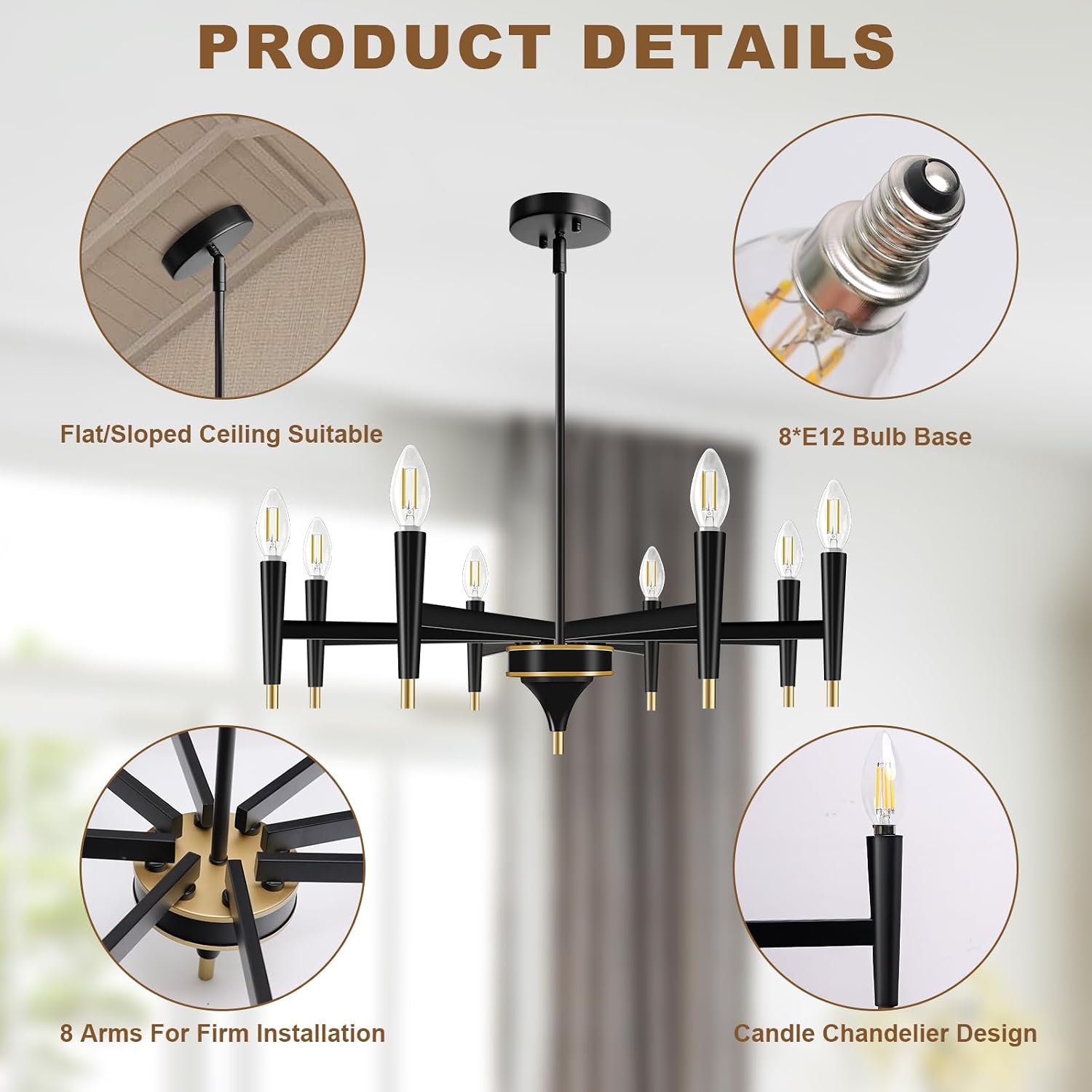 Farmhouse Chandelier for Dining Room, 8-Light Black and Brushed Gold Candle Chandeliers Modern Lighting Fixture, Rustic Industrial Pendant Lights for Kitchen Island Bedroom Hall Foyer Entryway