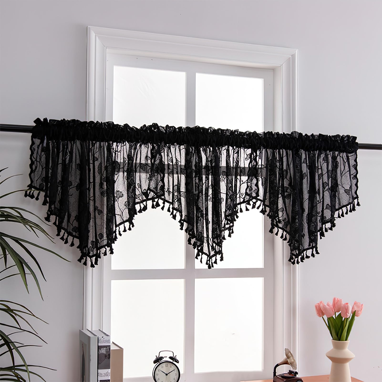 Lot de 3 cantonnières transparentes noires pour fenêtres, petits rideaux décoratifs en dentelle, pour cuisine, salon, motif feuilles