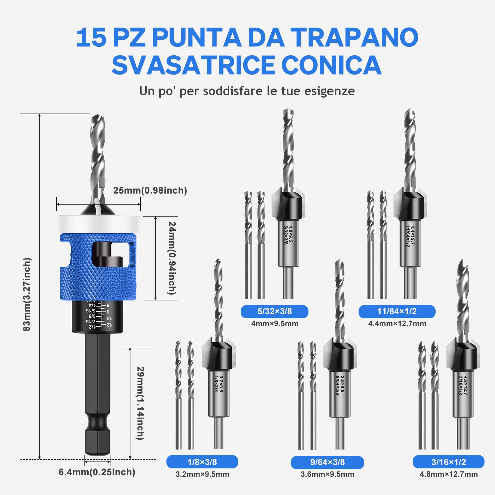 Mtchavno Countersink Drill Bit Set, 15 Pieces, Countersink Wood Drill Bit with Depth Stop, Drill Countersink with 1/4 Inch Hex Shank, Made of HSS-M2, Precise Drills, for Wood Processing - Image 2