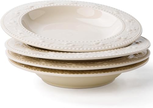Ceramic Soup Bowls Set of 4, 10 oz Pasta Bowls, Beige Strawberry