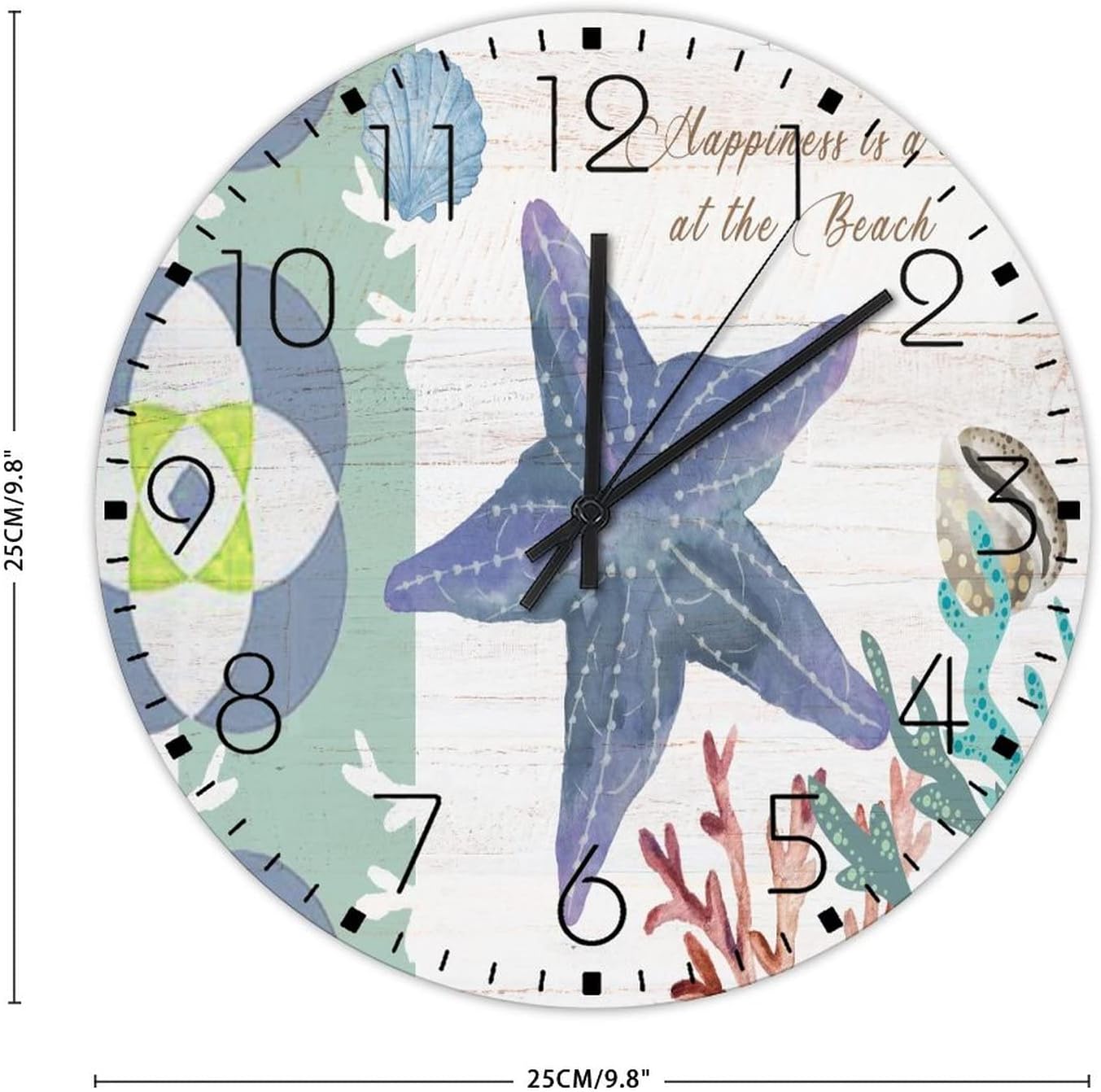 Silent Wall Clock Non-Ticking Sweep Movement Nautical Beach Ocean Theme Underwater Starfish Personalized Wall Clocks Shells Starfish Beach Coastal Wall Decor for Entryway Kids Room Garden 10 Inch