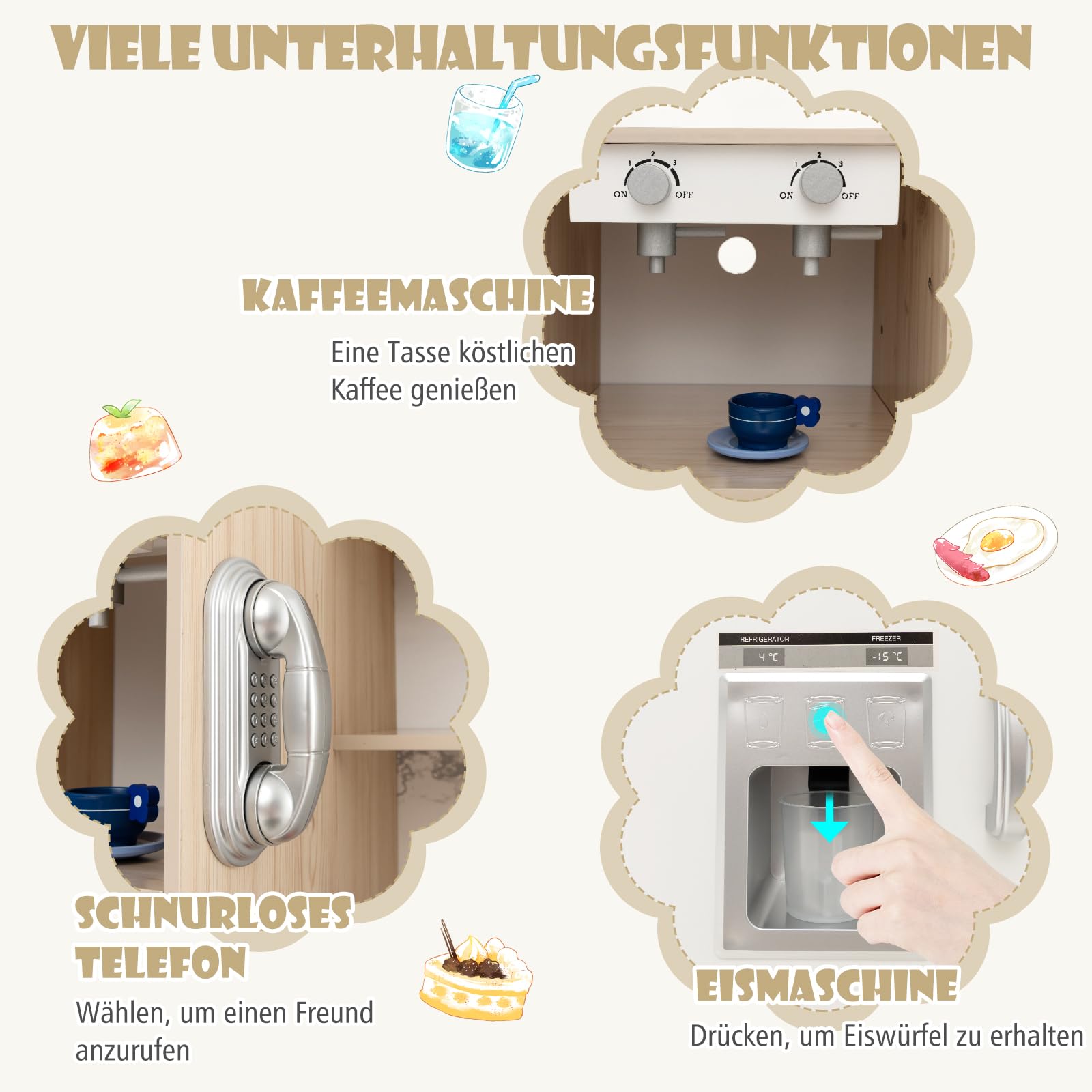 COSTWAY Kinderküche inkl. Zubehör, Spielküche Holz mit einstellbaren LED-Lichtern, abnehmbaren Stoffkörben & Regalen, Spielzeugküche mit Kaffeemaschine & Kühlschrank, für Kinder ab 3 Jahren