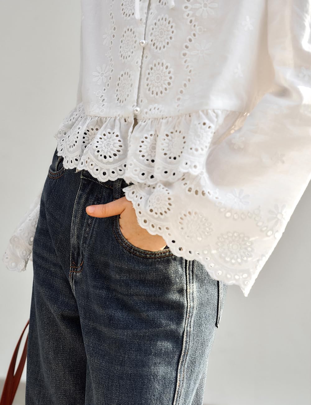 Women's Boho Eyelet Embroidery Crop Blouse, Round Neck Pearl Button Lace Hem Spring Long Sleeve Cotton Retro Top - Image 4