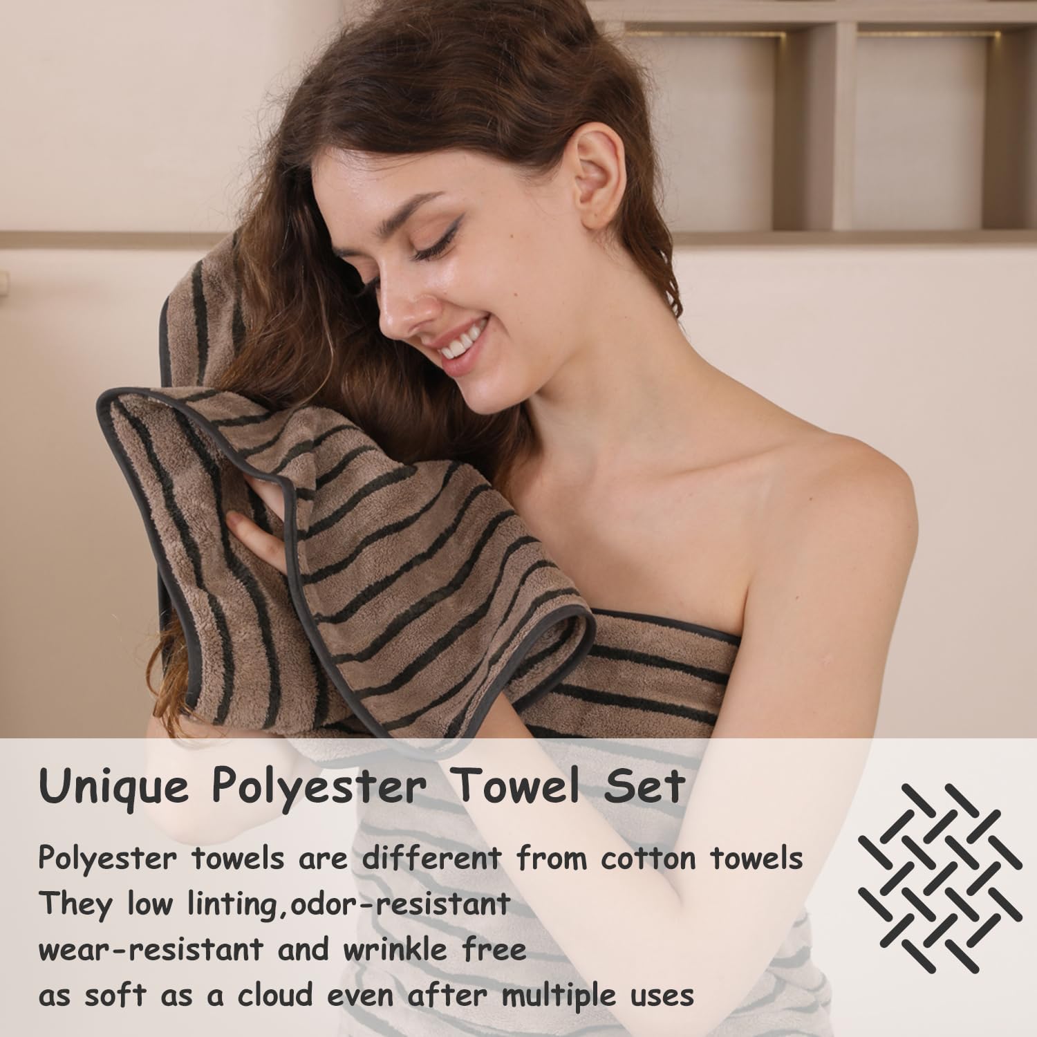 8 Pcs Polyester Brown Cabana Stripe Large Bath Towel Set-2 Bathroom Towels,2 Hand Towels,4 Washcloths Lightweight 600GMS Bath Sheet Absorbent Shower Towel Quick Dry Beach Chair Spa Gym Hotel Towels - Image 3