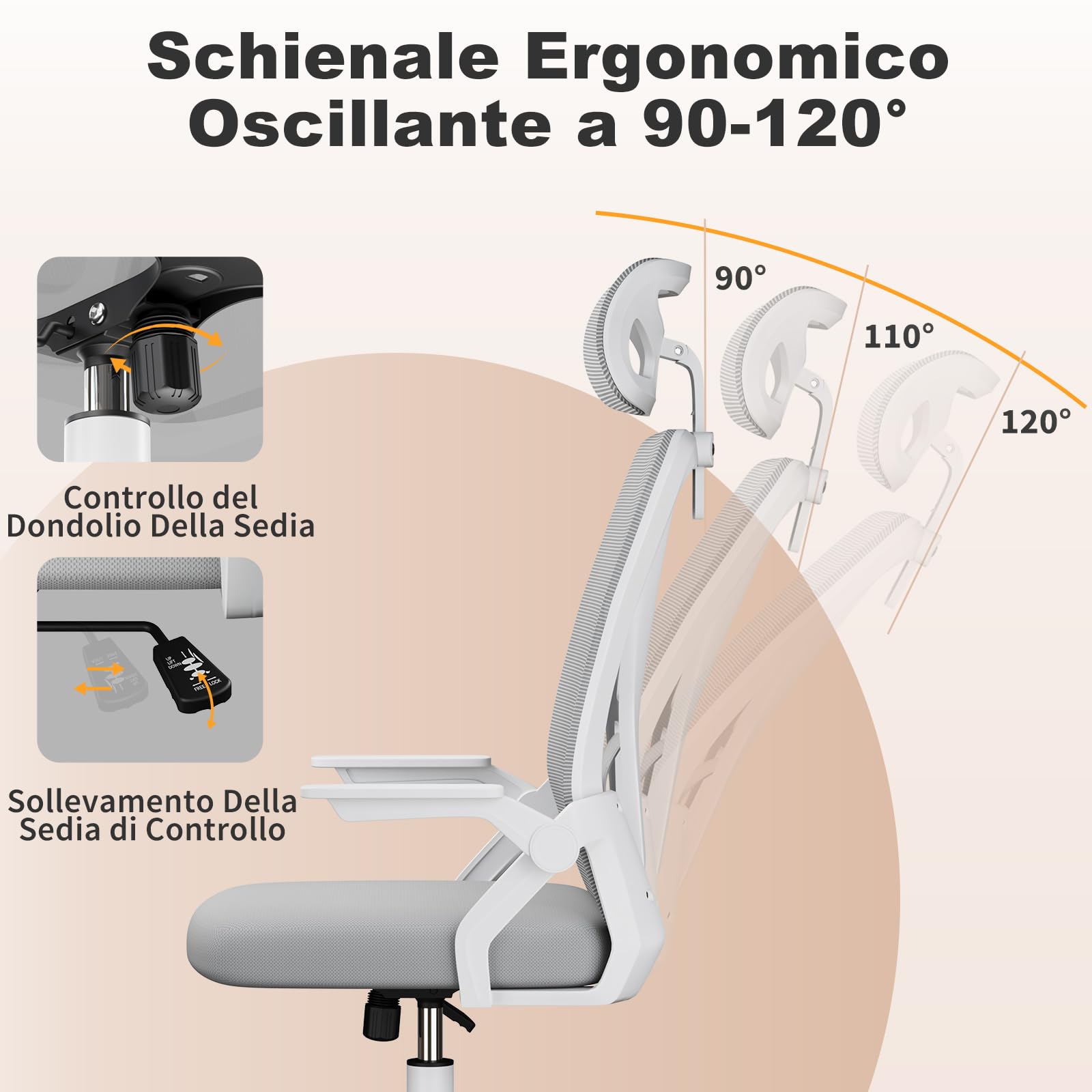 naspaluro Sedia da Ufficio,Con Braccioli Ribaltabili a 90°,Rivestimento in Rete Traspirante, Sedia Girevole a 360° Con Funzione Swing (Con poggiatesta, Gray)