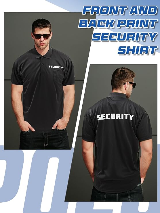 Toulite 6 Pcs Black Security Shirts for Men, Security Guard Uniform | Polyester Fabric, Front Back Print, Machine Wash, with Pockets, Moisture-wicking, Event Safety Officer Costume