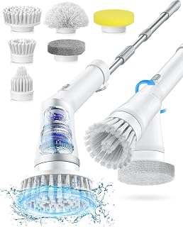 Electric Spin Scrubber, 47" Extendable Long Handle Cordless Power Scrubber – IPX7 Waterproof 2-Speed 480RPM, 6 Replaceable Brush Heads for Shower Floor, Tub, Tile, Sink, White-gl - Amazon product rated Grade A