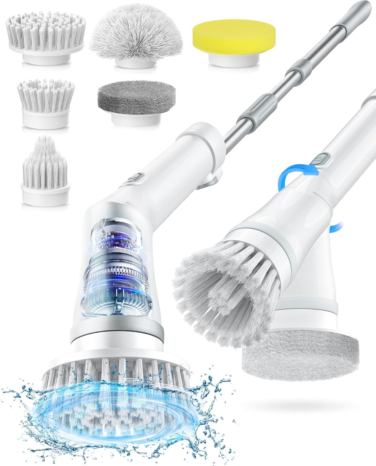 Lichffy Electric Spin Scrubber, Cordless Power Scrubber with 47" Extendable Handle & IPX7 Waterproof, 2-Speed 480RPM Cleaning Brush for Shower Floor, 6 Replaceable Brush Heads, Beginner, White-oa2.