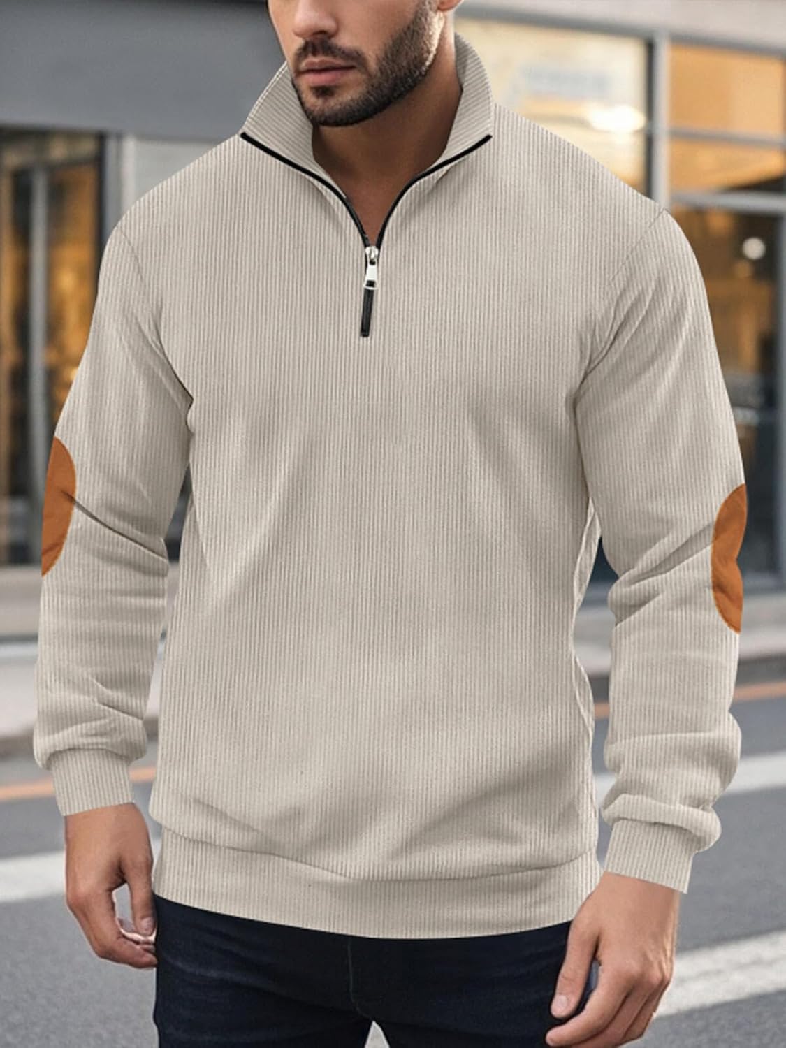 TAFLE Men's Quarter Zipper Pullover Corduroy Mock Neck Sweatshirt Spring Autumn Casual Knit Long Sleeve Polo Shirt - Image 3