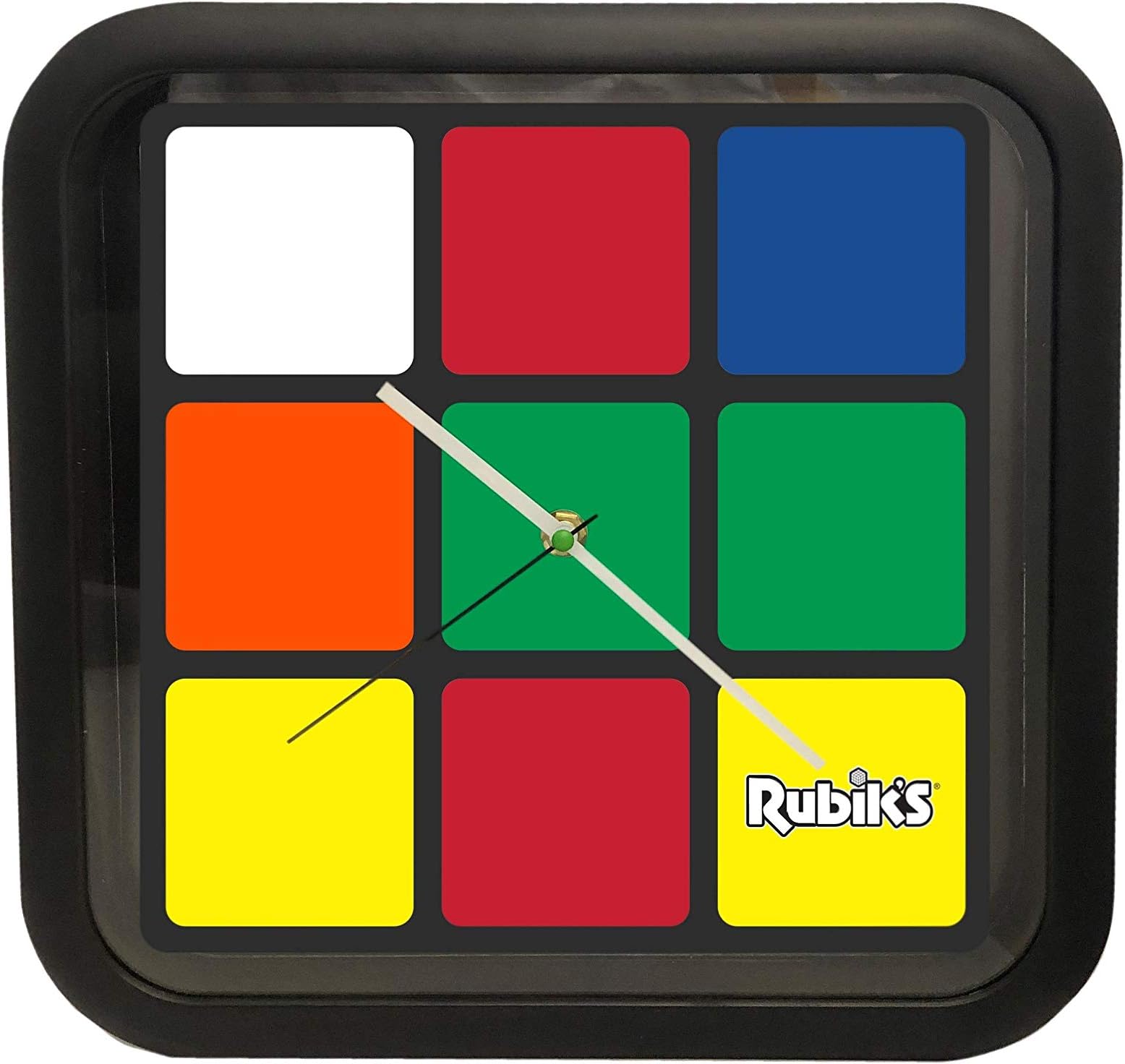 Analog Wall Clock (Fun to Be Square, M1) for Kid's Bedroom, Home & Office; Geometric Clock Face & Black Acrylic Frame, Quartz Movement, AA Battery No Included, 11" Square, Green/Red