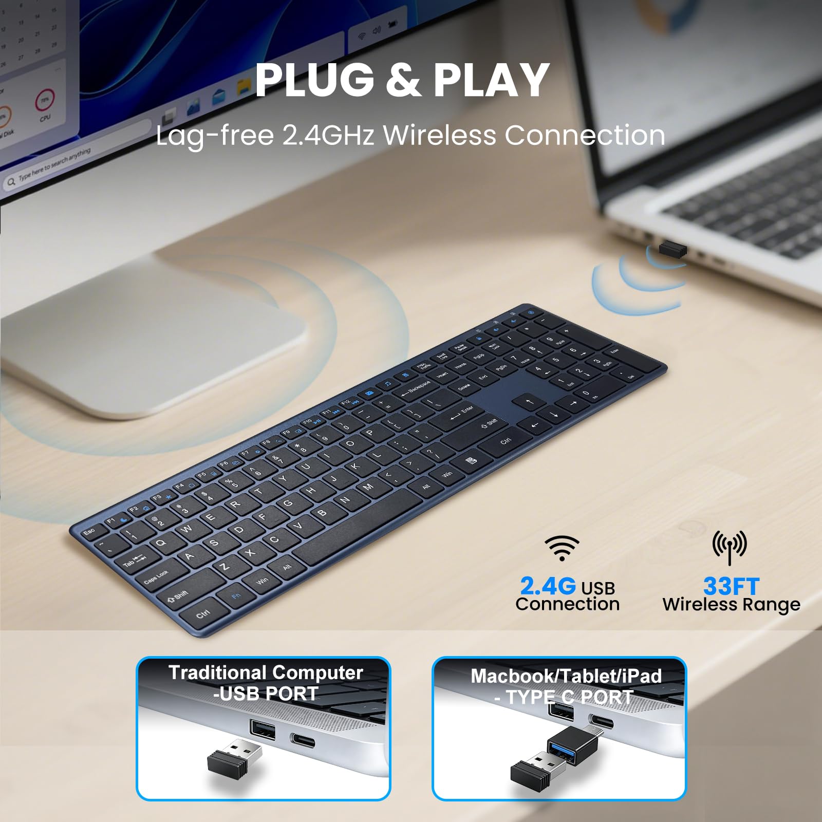 Tastiera wireless da 2,4 G, USB-A/C, ultra sottile, silenziosa, tastiera per PC, 19 tasti multimediali, tastierino numerico, plug & play, Ergo senza ritardi, lunga durata della batteria per tablet